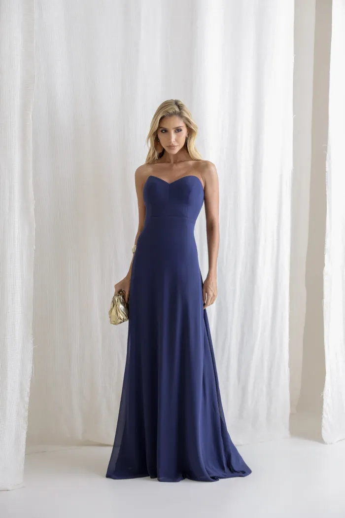 VESTIDO ANTONIETA LONGO CHIFFON CAPA BABADOS - AZUL MARINHO