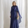 VESTIDO ANTONIETA LONGO CHIFFON CAPA BABADOS - AZUL MARINHO
