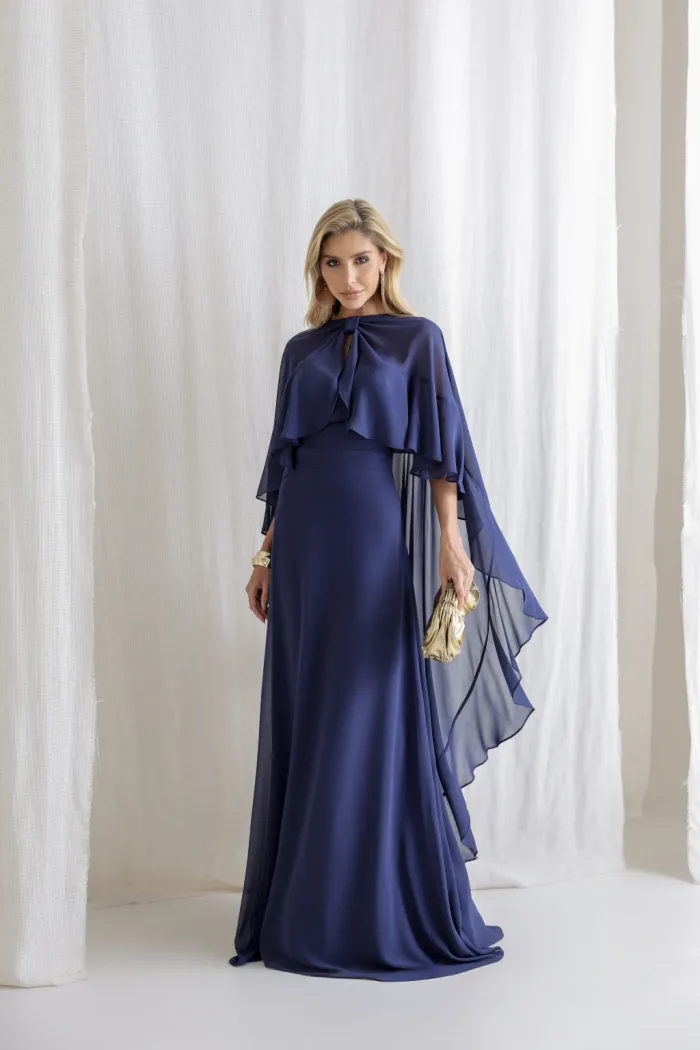 VESTIDO ANTONIETA LONGO CHIFFON CAPA BABADOS - AZUL MARINHO