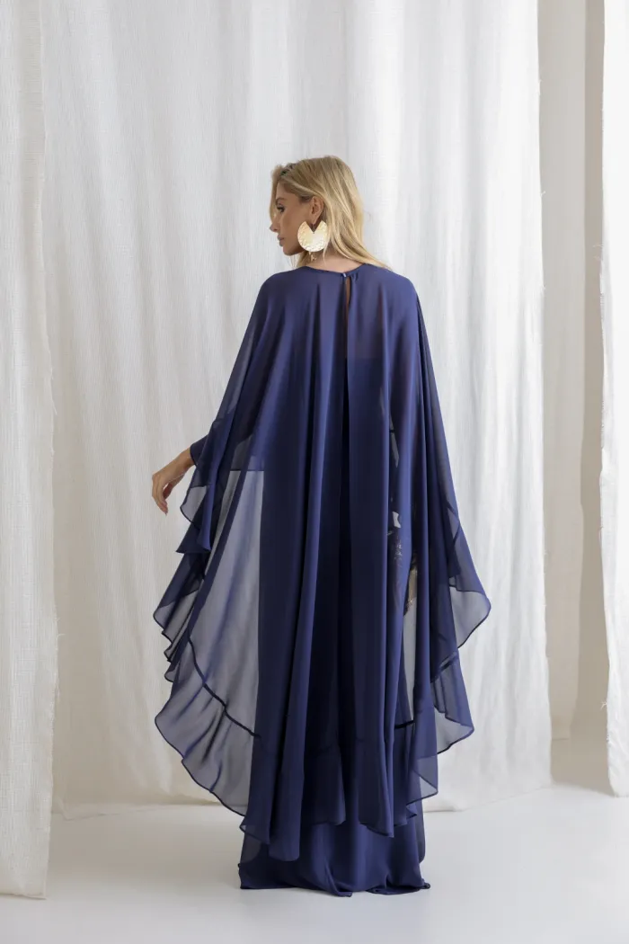 VESTIDO ANTONIETA LONGO CHIFFON CAPA BABADOS - AZUL MARINHO