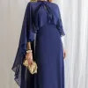 VESTIDO ANTONIETA LONGO CHIFFON CAPA BABADOS - AZUL MARINHO