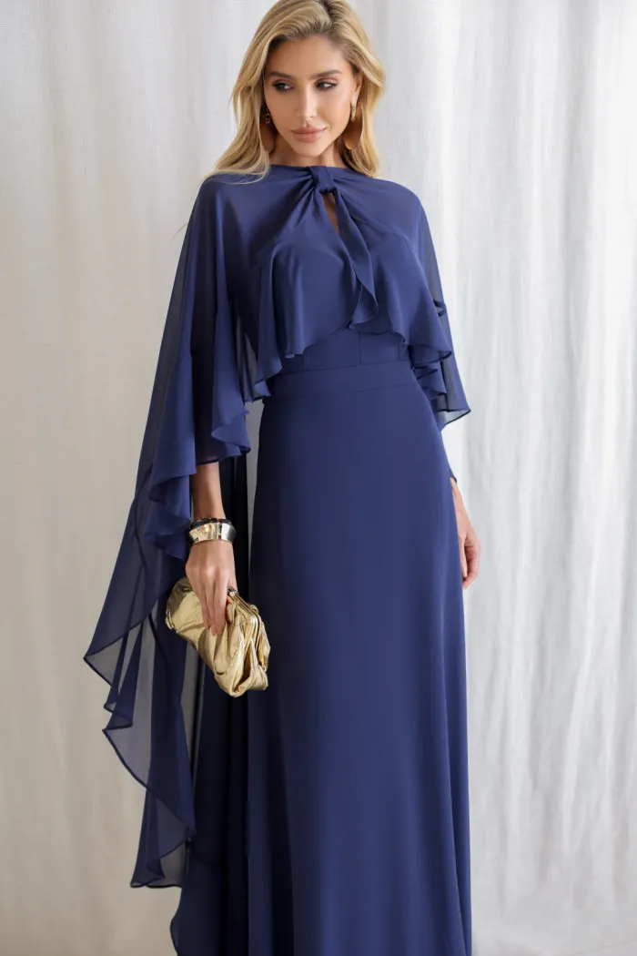 VESTIDO ANTONIETA LONGO CHIFFON CAPA BABADOS - AZUL MARINHO