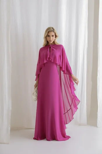VESTIDO ANTONIETA LONGO CHIFFON CAPA BABADOS - FÚCSIA