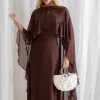 VESTIDO ANTONIETA LONGO CHIFFON CAPA BABADOS - MARROM