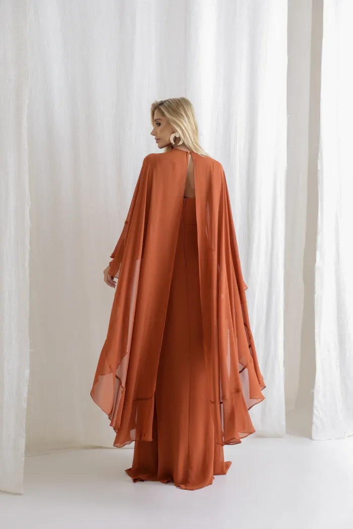 VESTIDO ANTONIETA LONGO CHIFFON CAPA BABADOS - TERRACOTA