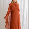 VESTIDO ANTONIETA LONGO CHIFFON CAPA BABADOS - TERRACOTA