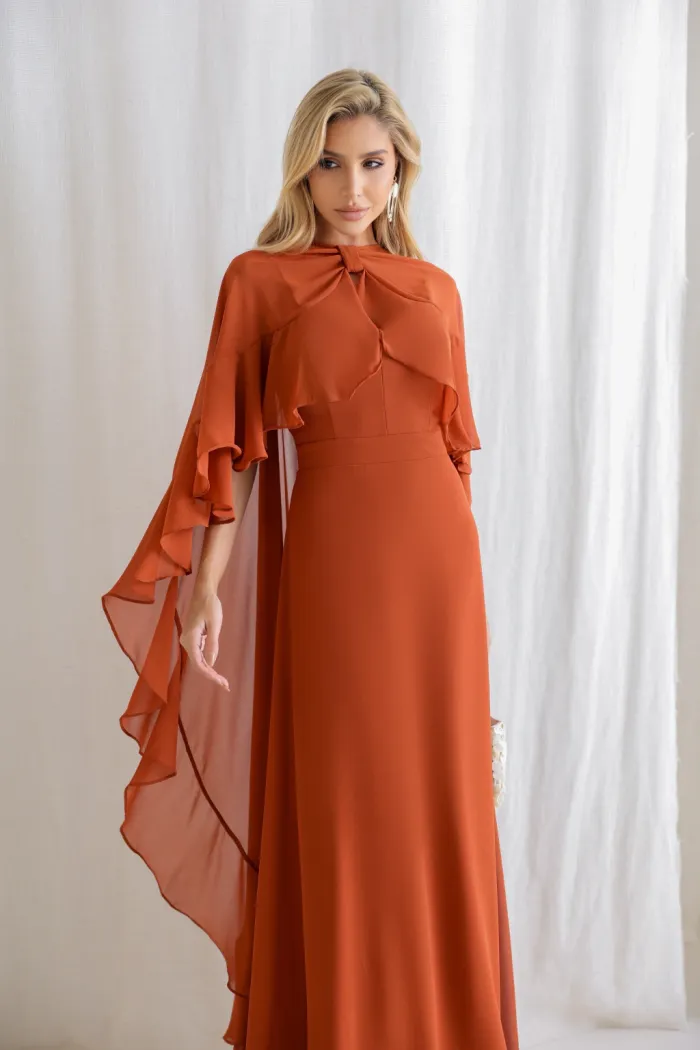 VESTIDO ANTONIETA LONGO CHIFFON CAPA BABADOS - TERRACOTA