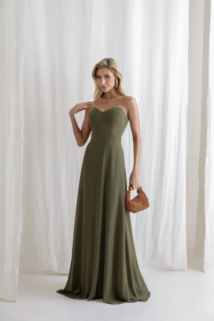 VESTIDO ANTONIETA LONGO CHIFFON CAPA BABADOS - VERDE OLIVA