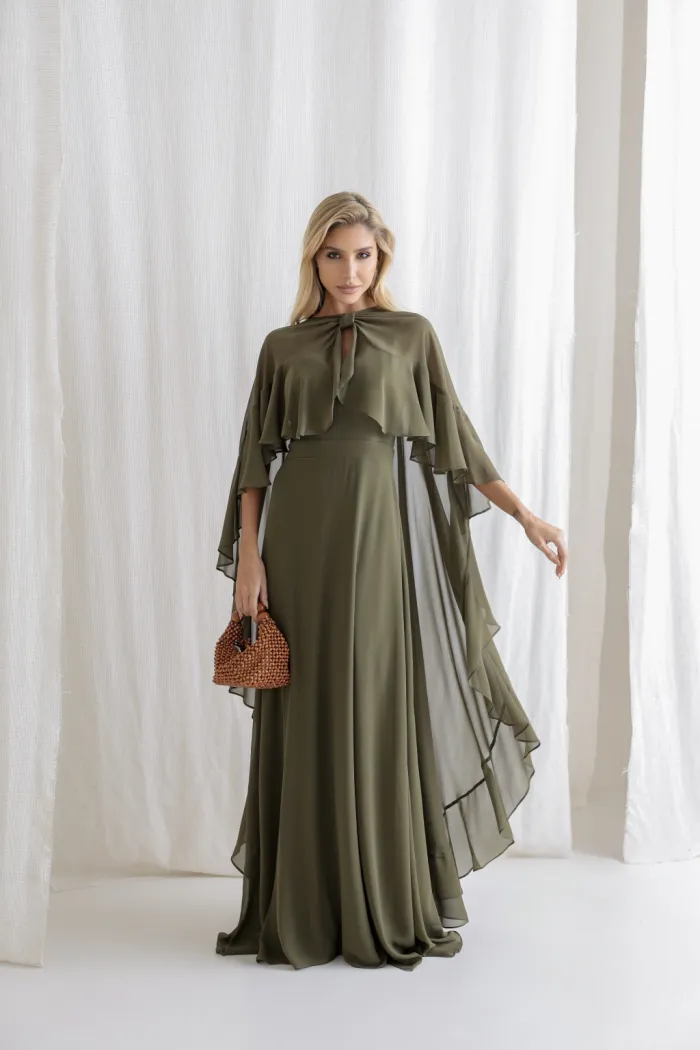 VESTIDO ANTONIETA LONGO CHIFFON CAPA BABADOS - VERDE OLIVA