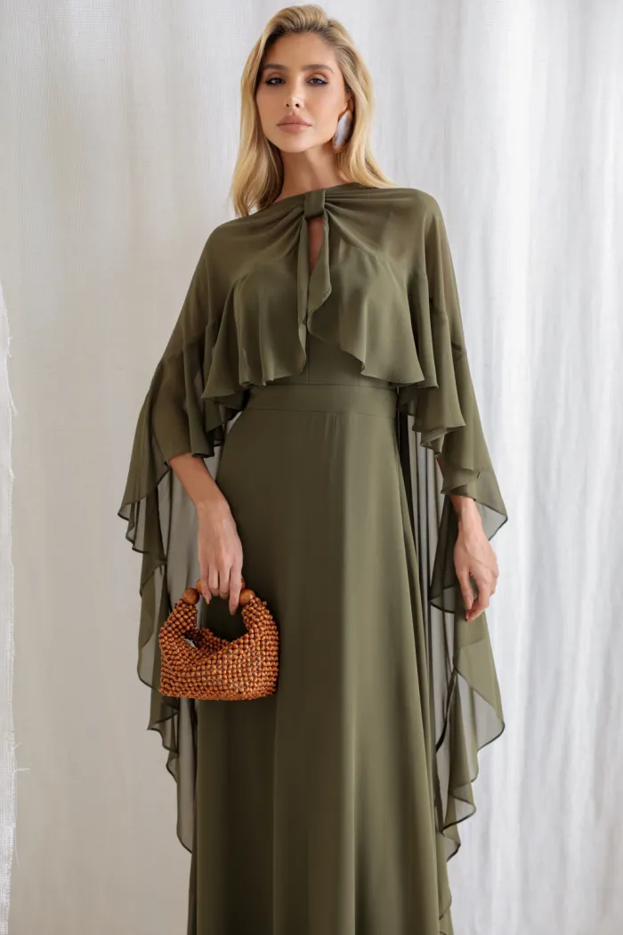 VESTIDO ANTONIETA LONGO CHIFFON CAPA BABADOS - VERDE OLIVA