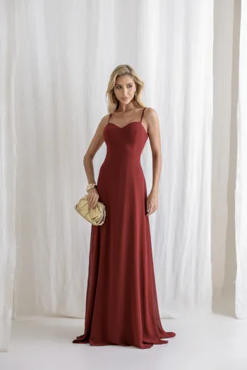 VESTIDO ANTONIETA LONGO CHIFFON CAPA BABADOS - VINHO