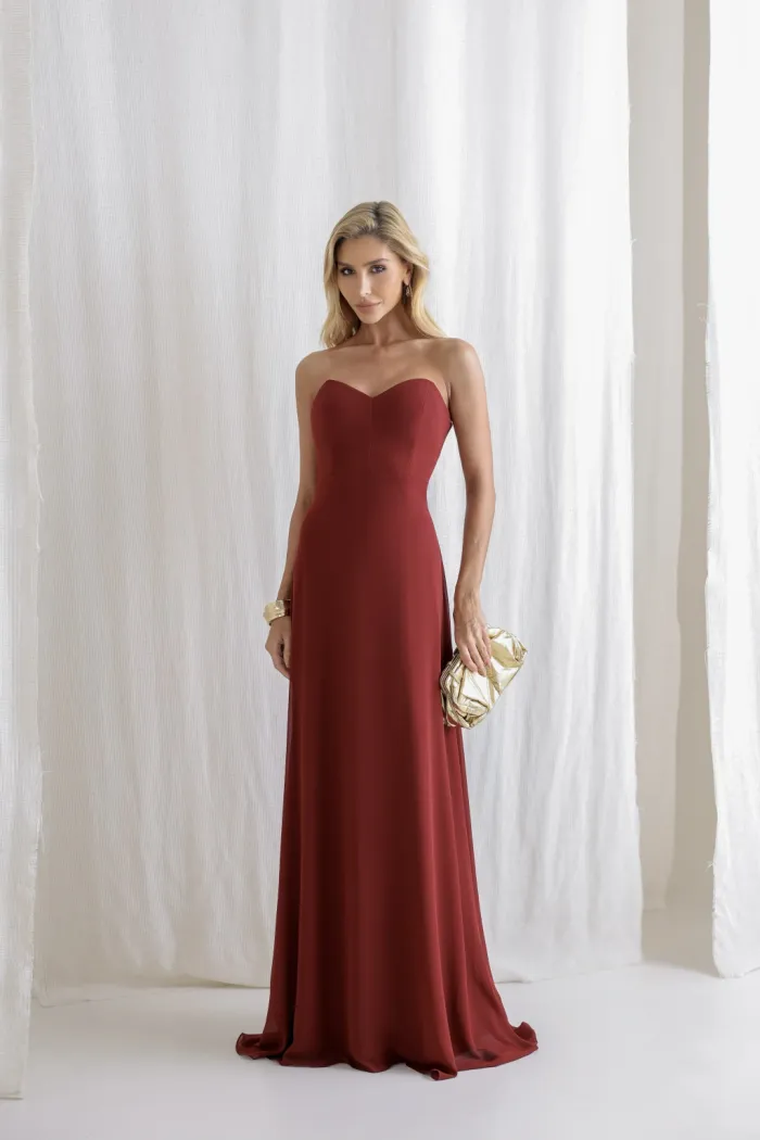 VESTIDO ANTONIETA LONGO CHIFFON CAPA BABADOS - VINHO
