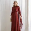 VESTIDO ANTONIETA LONGO CHIFFON CAPA BABADOS - VINHO