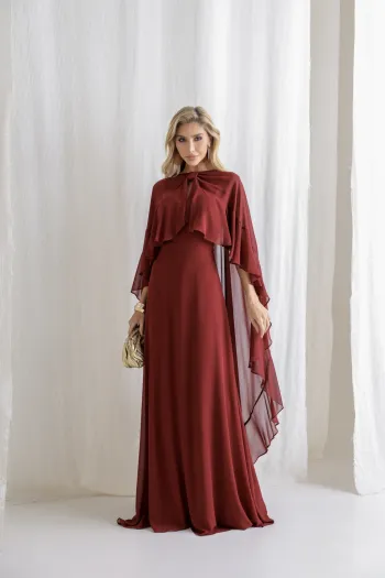 VESTIDO ANTONIETA LONGO CHIFFON CAPA BABADOS - VINHO