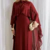 VESTIDO ANTONIETA LONGO CHIFFON CAPA BABADOS - VINHO