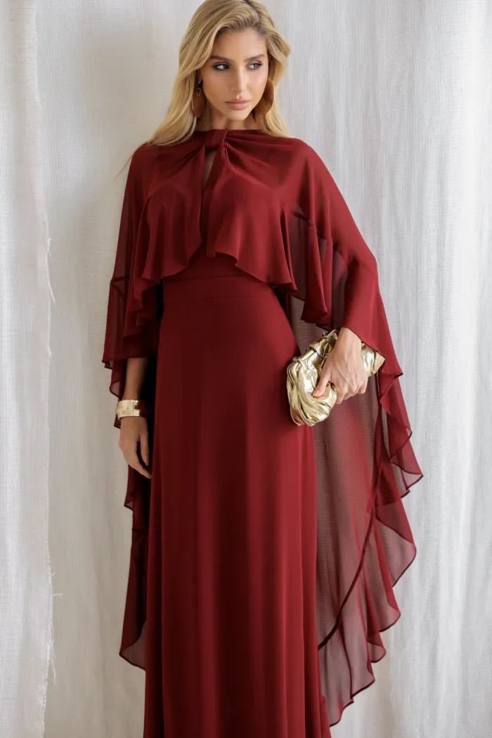 VESTIDO ANTONIETA LONGO CHIFFON CAPA BABADOS - VINHO