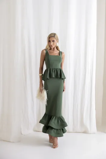 CONJUNTO BLUSA PEPLUM E SAIA MIDI SINGAPURA - VERDE OLIVA