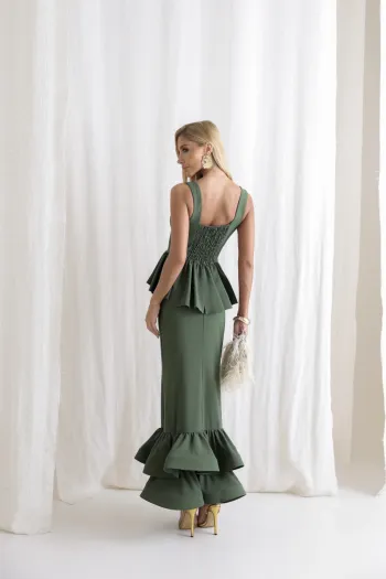 CONJUNTO BLUSA PEPLUM E SAIA MIDI SINGAPURA - VERDE OLIVA