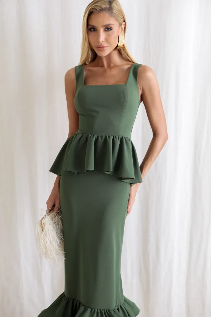 CONJUNTO BLUSA PEPLUM E SAIA MIDI SINGAPURA - VERDE OLIVA