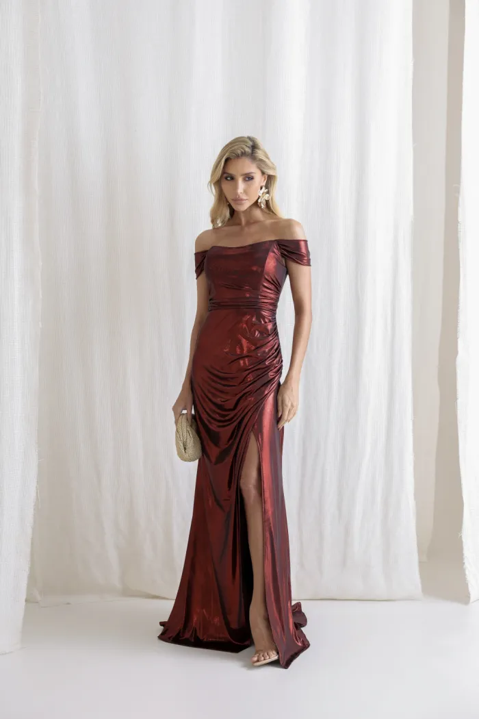 VESTIDO CRETA ACETINADO DRAPEADO - VINHO