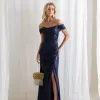 VESTIDO CRETA ACETINADO DRAPEADO - AZUL MARINHO