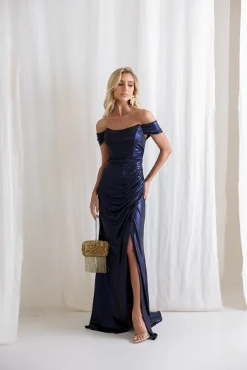 VESTIDO CRETA ACETINADO DRAPEADO - AZUL MARINHO