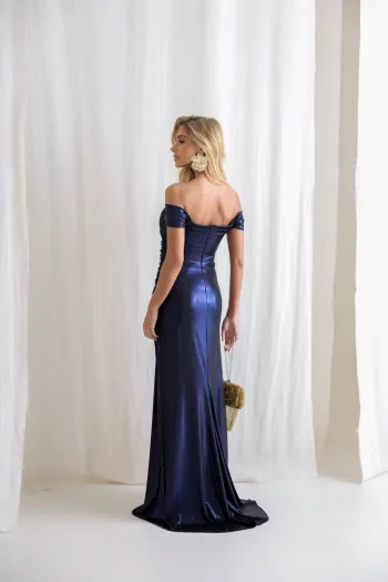 VESTIDO CRETA ACETINADO DRAPEADO - AZUL MARINHO