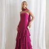 VESTIDO MEDELLÍN BABADOS CHOKER - FÚCSIA