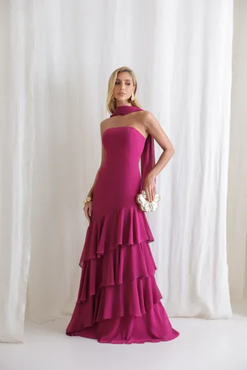 VESTIDO MEDELLÍN BABADOS CHOKER - FÚCSIA