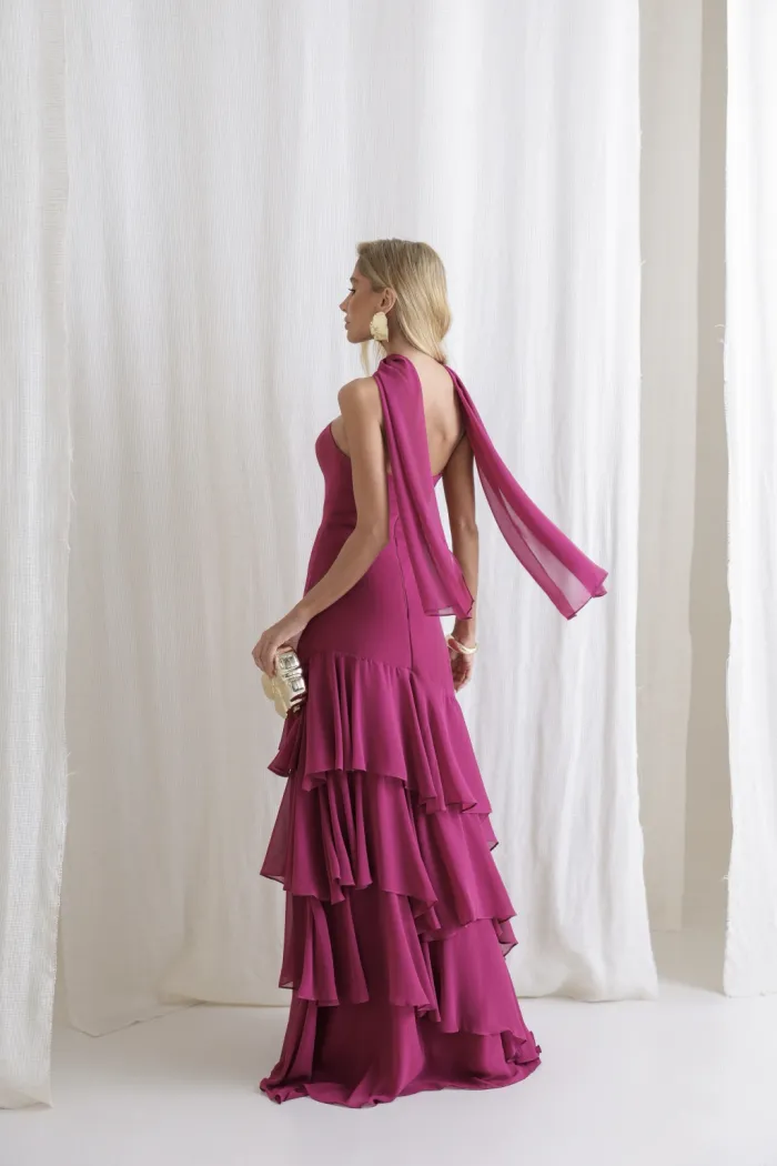 VESTIDO MEDELLÍN BABADOS CHOKER - FÚCSIA