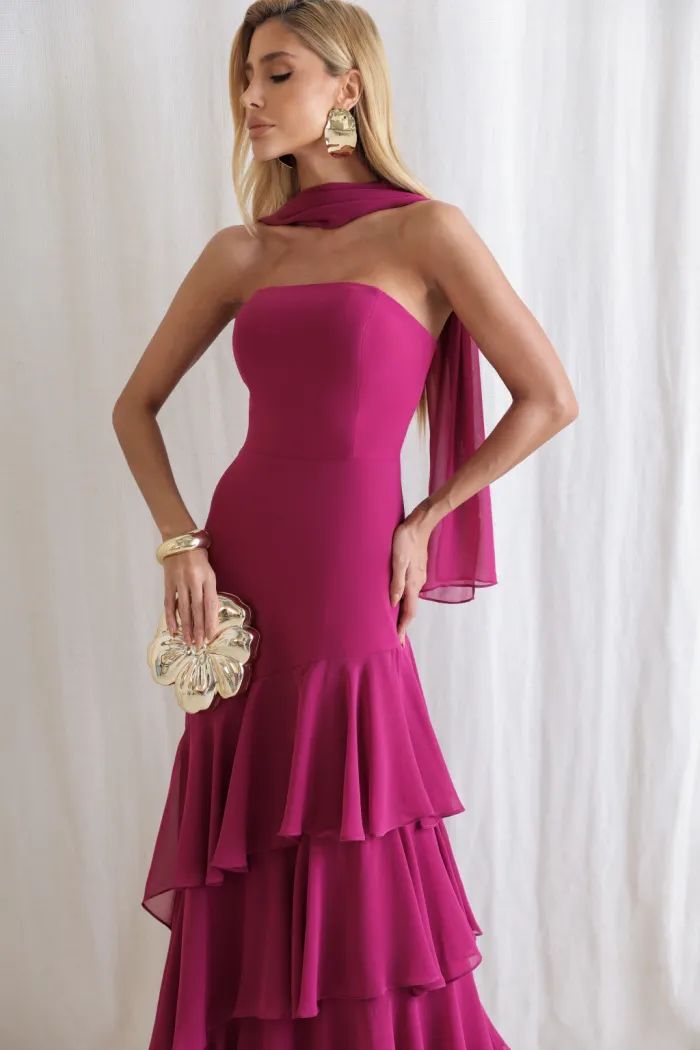 VESTIDO MEDELLÍN BABADOS CHOKER - FÚCSIA