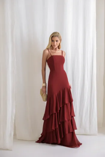 VESTIDO MEDELLÍN BABADOS CHOKER - MARSALA