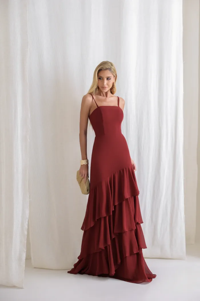 VESTIDO MEDELLÍN BABADOS CHOKER - MARSALA