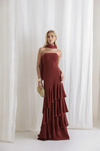 VESTIDO MEDELLÍN BABADOS CHOKER - MARSALA