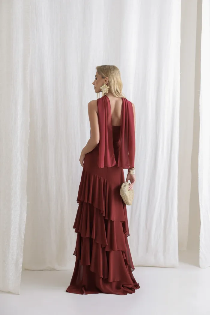 VESTIDO MEDELLÍN BABADOS CHOKER - MARSALA