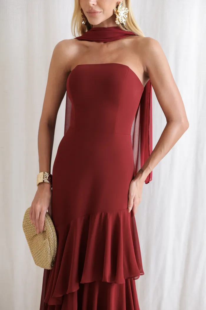 VESTIDO MEDELLÍN BABADOS CHOKER - MARSALA