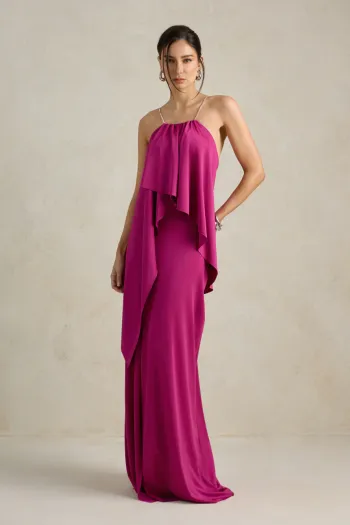 VESTIDO RENATA ALÇAS STRASS BABADOS - FÚCSIA 