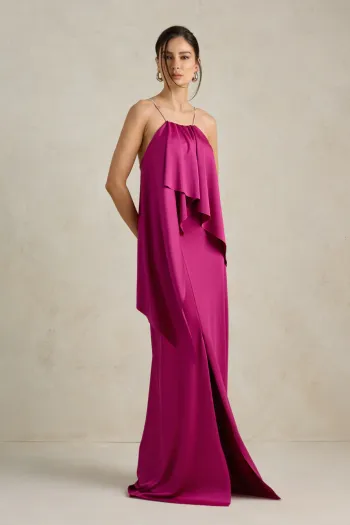 VESTIDO RENATA ALÇAS STRASS BABADOS - FÚCSIA 