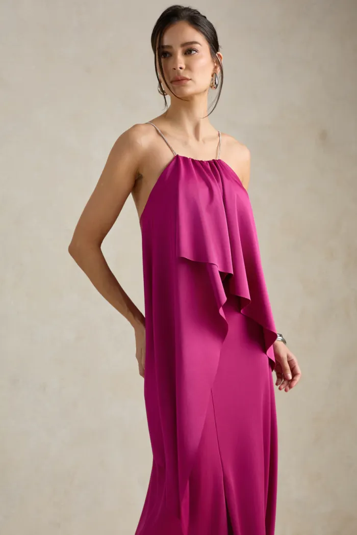 VESTIDO RENATA ALÇAS STRASS BABADOS - FÚCSIA 