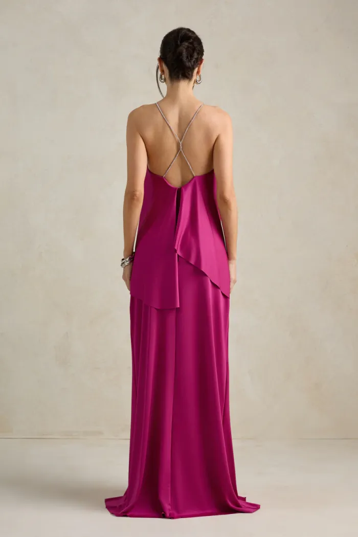 VESTIDO RENATA ALÇAS STRASS BABADOS - FÚCSIA 