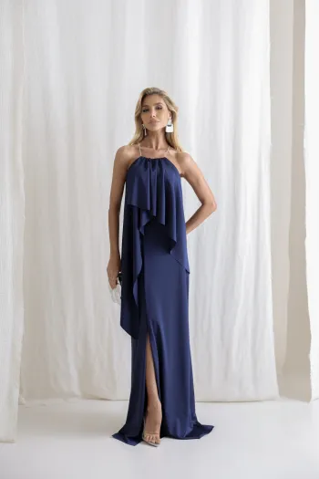 VESTIDO RENATA ALÇAS STRASS BABADOS - AZUL MARINHO