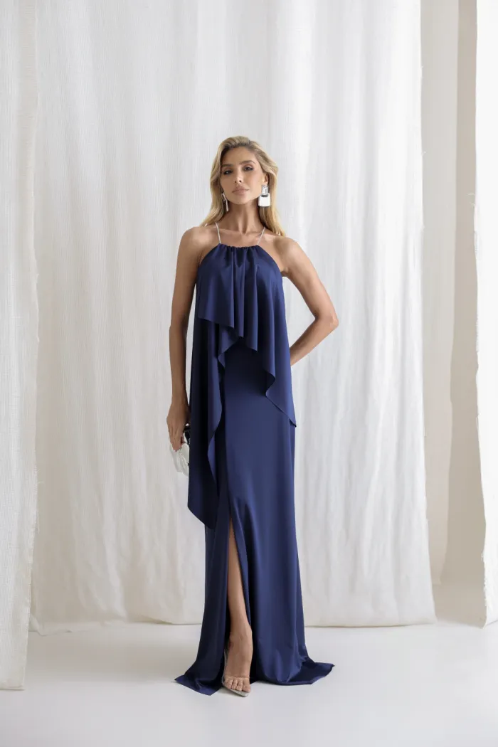 VESTIDO RENATA ALÇAS STRASS BABADOS - AZUL MARINHO