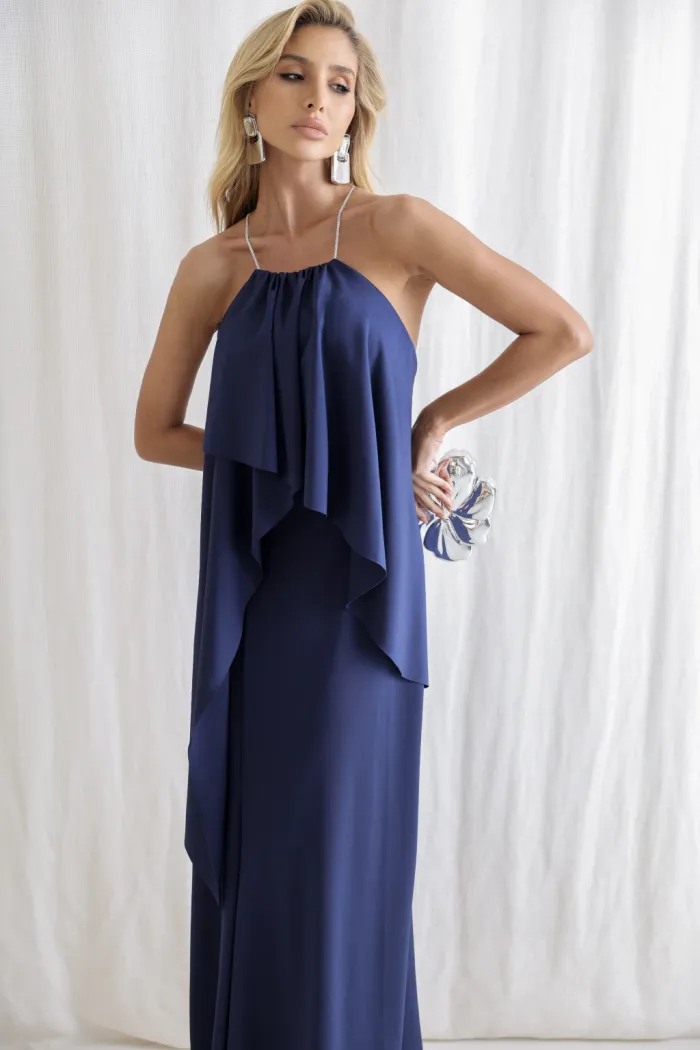 VESTIDO RENATA ALÇAS STRASS BABADOS - AZUL MARINHO
