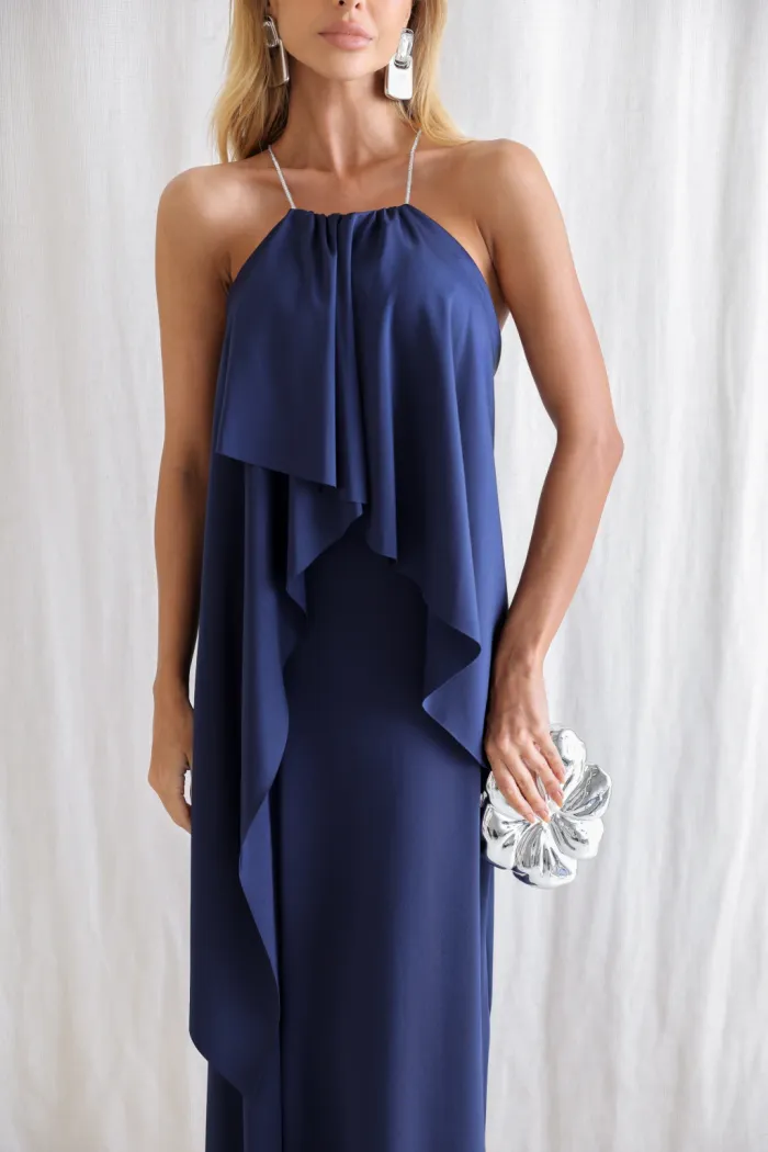 VESTIDO RENATA ALÇAS STRASS BABADOS - AZUL MARINHO