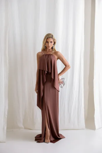 VESTIDO RENATA ALÇAS STRASS BABADOS - MARROM