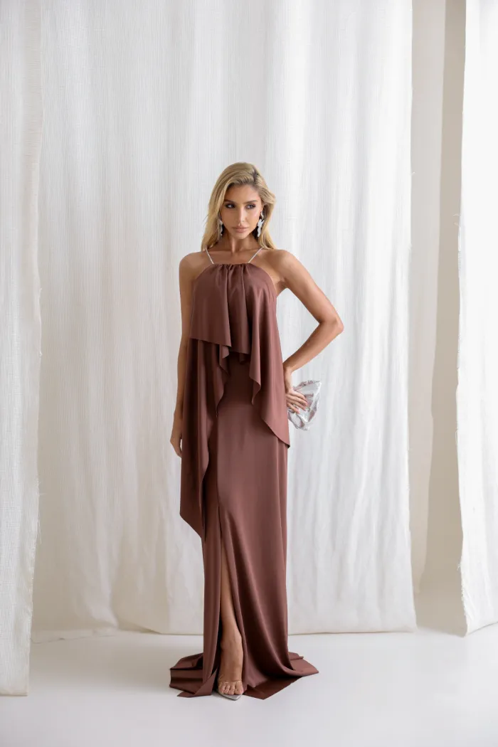 VESTIDO RENATA ALÇAS STRASS BABADOS - MARROM