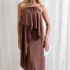 VESTIDO RENATA ALÇAS STRASS BABADOS - MARROM