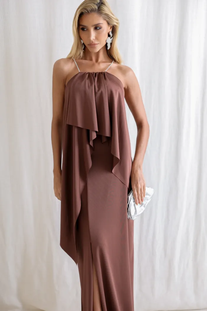 VESTIDO RENATA ALÇAS STRASS BABADOS - MARROM