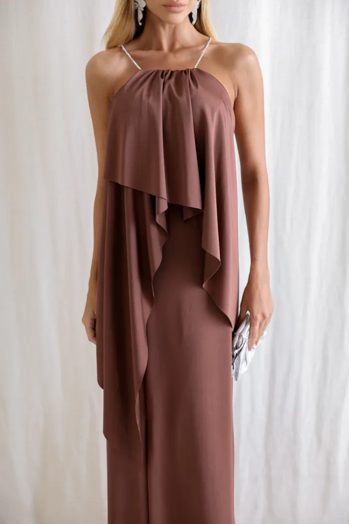 VESTIDO RENATA ALÇAS STRASS BABADOS - MARROM