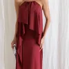 VESTIDO RENATA ALÇAS STRASS BABADOS - VINHO